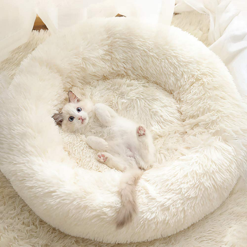 Gavenia Cat Beds for Indoor Cats Washable Donut Cat and Dog Bed,Soft Plush Pet Cushion,Waterproof Bottom Fluffy Dog and Cat Calming and Self Warming Bed for Sleep Improvement Animals & Pet Supplies > Pet Supplies > Cat Supplies > Cat Beds Gavenia Beige S(20''D×8''H) 