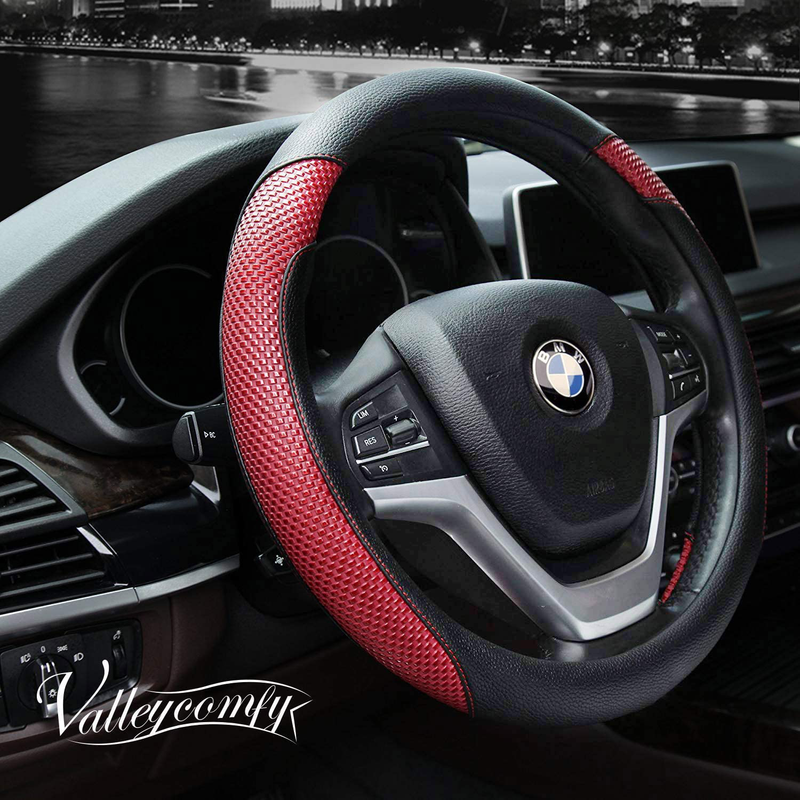 Valleycomfy Microfiber Leather Steering Wheel Cover Universal 15 inch (Black) Vehicles & Parts > Vehicle Parts & Accessories > Vehicle Maintenance, Care & Decor > Vehicle Decor > Vehicle Steering Wheel Covers Valleycomfy D Red Medium(Standard) Size[14.5"-15"] 