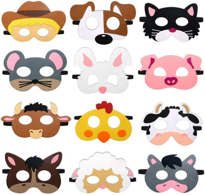 CiyvoLyeen Farm Animal Party Masks Barnyard Animal Felt Masks for Petting Zoo Farmhouse Theme Birthday Party Favors Kids Costumes Dress-Up Party Supplies(12 Pieces)