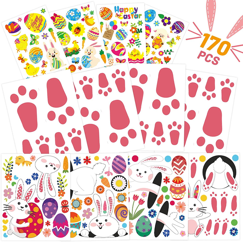 Easter Stickers Bunny Crafts Decorating for Kids - 170 Easter Colorful Stickers, with Cute Bunny Footprints, Colored Eggs, Chicks, Radishes, Flowers, Decor for Gift Boxes/Card/Room/Party/Game Kit