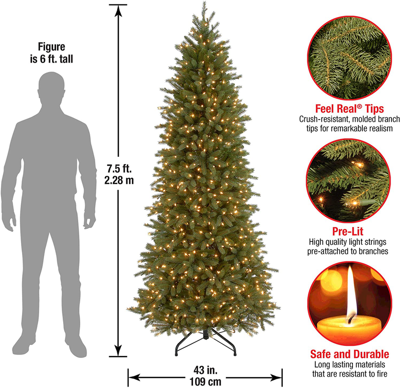 National Tree Company 'Feel Real' Pre-lit Artificial Christmas Tree | Includes Pre-strung White Lights and Stand | Jersey Fraser Fir Pencil Slim - 7.5 ft