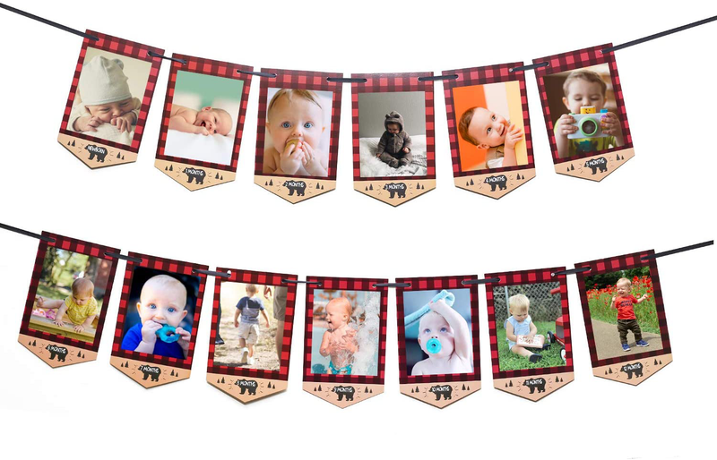 Lumberjack First Birthday Photo Banner Baby Monthly Photo Prop Buffalo Plaid Camping Bunting Garland, Woodland Party Decor Home & Garden > Decor > Seasonal & Holiday Decorations BCHOCKS Default Title  