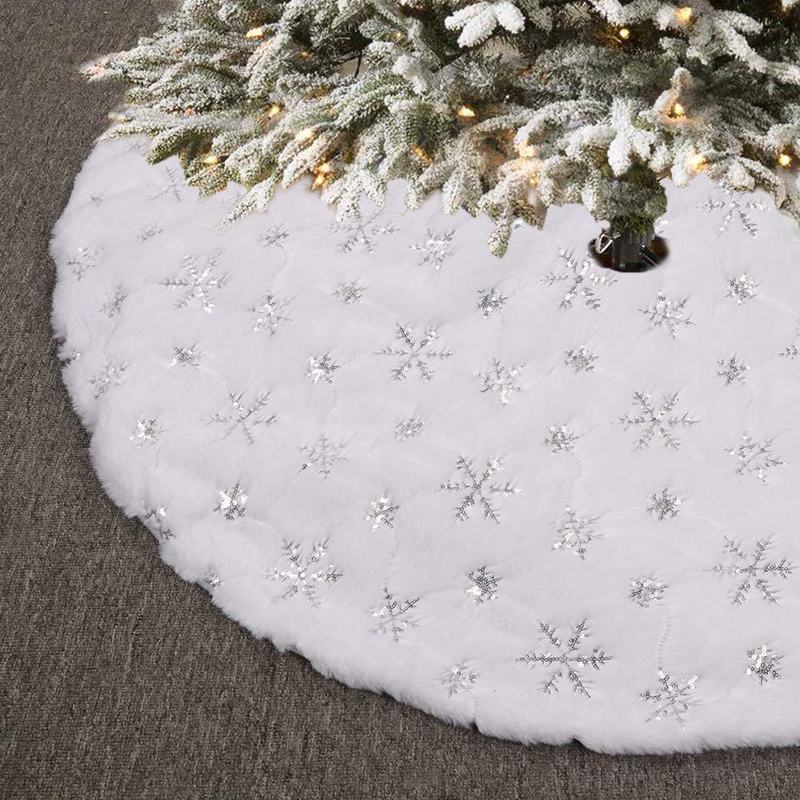 O-heart 48 inches Christmas Tree Skirt, Faux Fur Snowflake Sequin Luxury Embroidered Furry White Tree Skirt Decorations for Xmas New Year Party Home Decor Pet Favors Home & Garden > Decor > Seasonal & Holiday Decorations > Christmas Tree Skirts O-heart Silver Sequin  