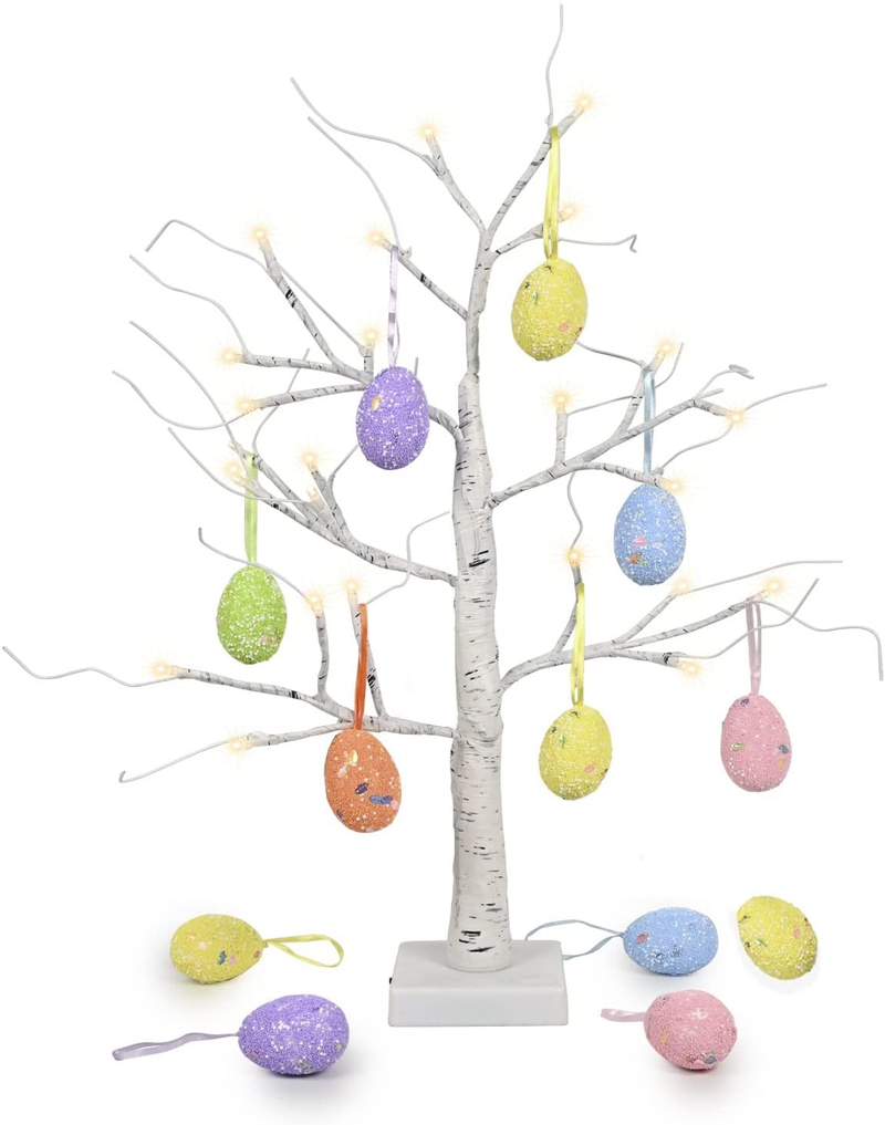Kemooie 24 Inch Pre-Lit White Birch Tree with 10 Hanging Easter Egg Ornaments, 24 Led Lights Battery Operated Easter Table Centerpiece for Party Birthday Home Easter Decoration Spring Decoration Home & Garden > Decor > Seasonal & Holiday Decorations kemooie   