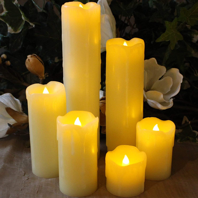 LED Lytes Timer Flameless Candles, Slim Set of 6, 2" Wide and 2"- 9" Tall, Ivory Color Wax and Flickering Amber Yellow Flame Battery Powered Flickering Candle Set
