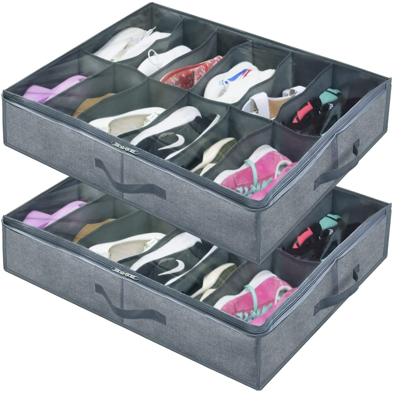 Onlyeasy Sturdy under Bed Shoe Storage Organizer, Set of 2, Fits Total 24 Pairs, Underbed Shoes Closet Storage Solution with Clear Window, Breathable, 29.3"X23.6"X5.9", Linen-Like Black, MXAUBSB2P Furniture > Cabinets & Storage > Armoires & Wardrobes Onlyeasy 2 Shoes (12+12 Cells) Linen-like Grey  