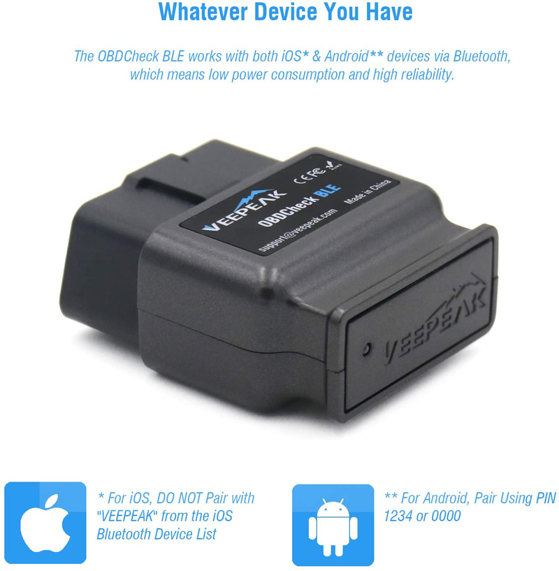 Veepeak OBDCheck BLE OBD2 Bluetooth Scanner Auto OBD II Diagnostic Scan Tool for iOS & Android, Bluetooth 4.0 Car Check Engine Light Code Reader Supports Torque, OBD Fusion app  Veepeak   