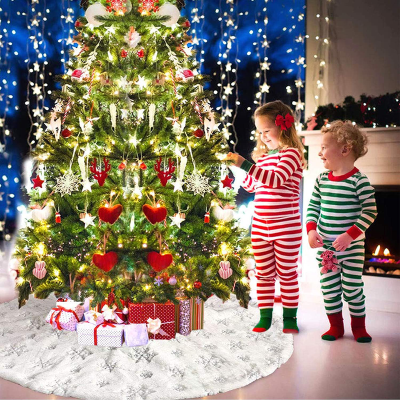 DegGod Plush Christmas Tree Skirts, 48 inches Luxury Snowy White Faux Fur Xmas Tree Base Cover Mat with Silver Snowflakes for Xmas New Year Home Party Decorations (Silver, 48 inches) Home & Garden > Decor > Seasonal & Holiday Decorations > Christmas Tree Skirts DegGod   
