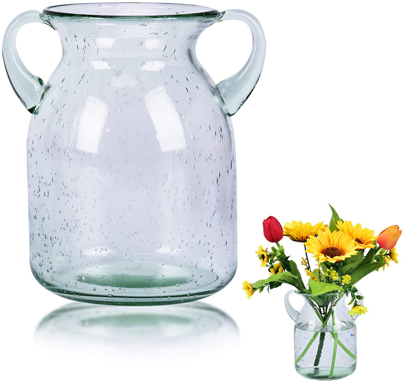 QUECAOCF Elegant Flower Glass Vase with Handle, Handmade Double Ear Air Bubbles Glass Vase for Centerpiece Home and Wedding Indoor and Outdoor Decorative Home & Garden > Decor > Vases Sheng Litong Green Small 
