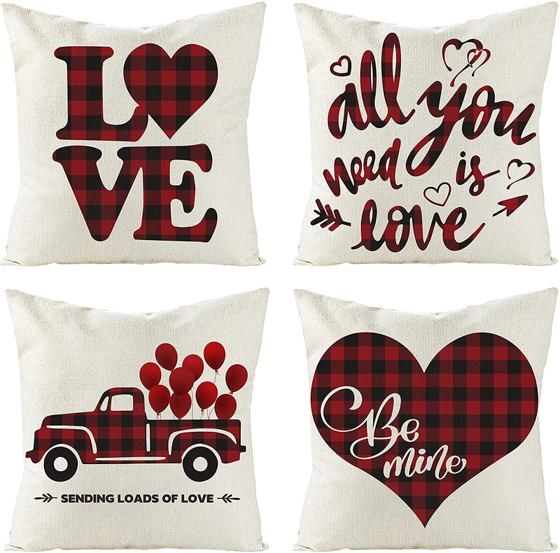 GROBRO7 4Pcs Valentine'S Day Love Heart Pillow Covers Buffalo Check Plaids Throw Cushion for Couch Red & Black Plaid Linen Cloth Pillow Cases with Be Mine Text Rustic Truck Indoor Decor in 18'’X18'’ Home & Garden > Decor > Chair & Sofa Cushions GROBRO7 18' x 18'  