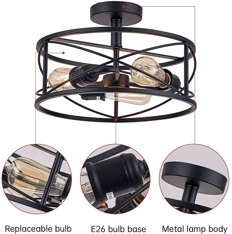 PUSU Semi Flush Mount Ceiling Light,Black Close to Ceiling Light Fixtures,Industrial Vintage Metal Cage Ceiling Lamp,For Kitchen Porch Living Room Dining Room Bedroom Entryway and Office Home & Garden > Lighting > Lighting Fixtures > Ceiling Light Fixtures KOL DEALS   