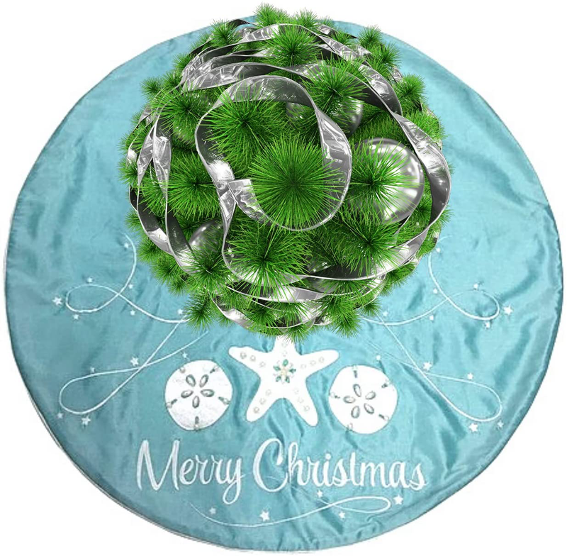 Teal Merry Christmas Tree Skirt, Coastal Beach Themed Xmas Decorations, Reusable Festive Holiday Decoration, 42 Inches