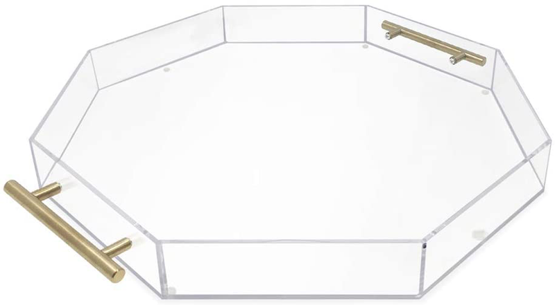 Isaac Jacobs Clear Acrylic Serving Tray (11x14) with Gold Metal Handles, Spill-Proof, Stackable Organizer, Food & Drinks Server, Indoors/Outdoors, Lucite Storage Décor (11x14, Clear with Gold Handle) Home & Garden > Decor > Decorative Trays Isaac Jacobs International Clear With Gold Handle 18x18 (Octagon) 