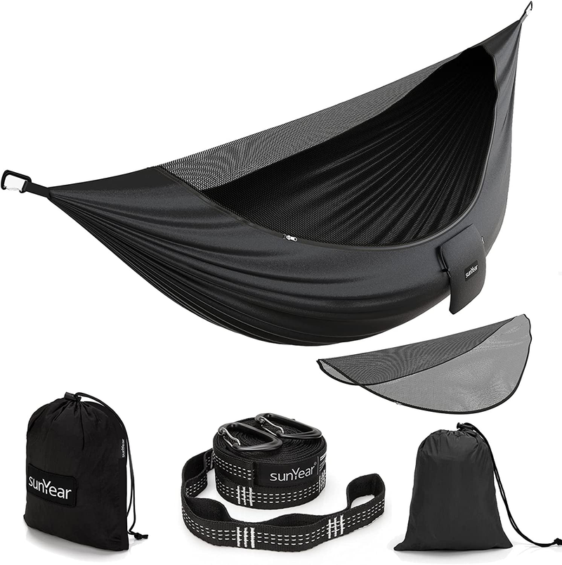 Sunyear Camping Hammock with Removable No See-Um Net, Double & Single Portable Outdoor Hammocks Parachute Lightweight Nylon with Tree Straps for Adventures Hiking Backpacking
