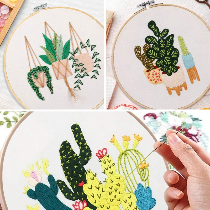 Santune 3 Sets Embroidery Starter Kit with Pattern and Instructions, Cross Stitch Set, Stamped Embroidery Kits with 3 Embroidery Pattern, 1 Embroidery Hoops (Cactus1-2-3)