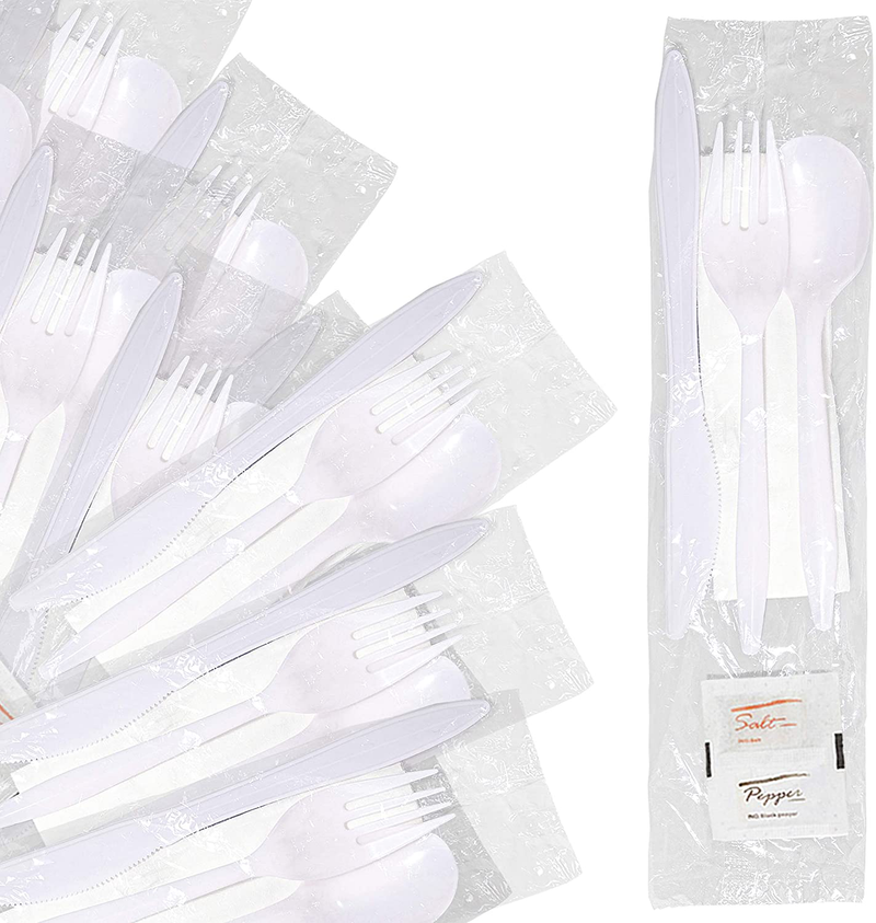 Stock Your Home Plastic Cutlery Packets with Salt & Pepper in Black (50 Count) - Wrapped Cutlery - Plastic Utensils Individually Wrapped for Take Out, Delivery, Cafeterias, Restaurants, Uber Eats Home & Garden > Kitchen & Dining > Tableware > Flatware > Flatware Sets Stock Your Home White  