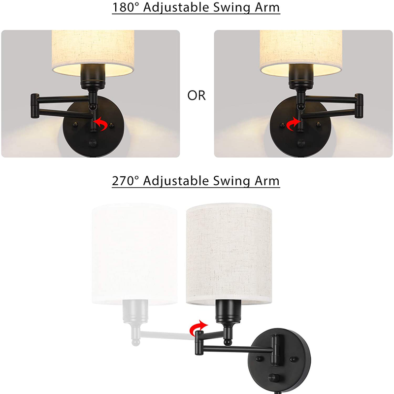 HAITRAL Swing Arm Wall Lamps 2 Pack - Plug in Wall Lamps with Linen Shade& Black Metal, Plug In& Hardwire Modern Wall Lamps for Bedside, Farmhouse, Kitchen, Bedroom(Bulb Is Not Included)