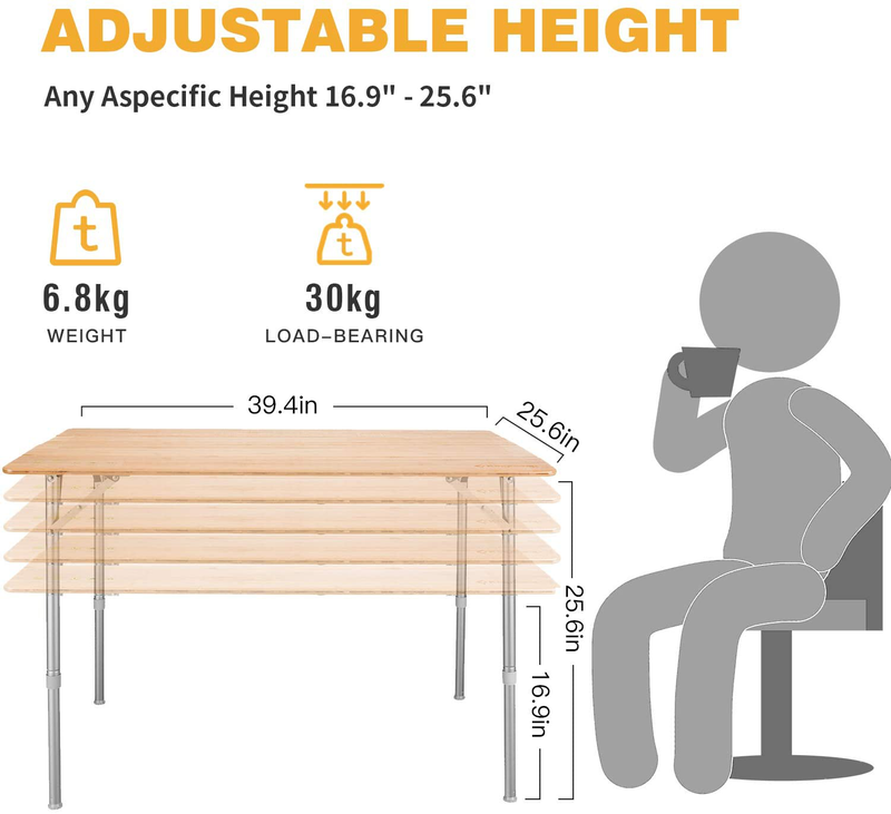 Kingcamp Bamboo Heavy Duty 176 Lbs Environmental Protection Oversize Anti-Uv Portable Folding Table, Picnic, Camping, Three Heights,4-6 People