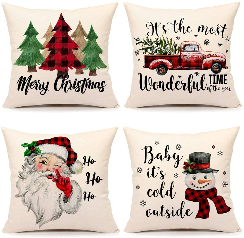 Christmas Pillow Covers 18x18 Set of 4 Farmhouse Christmas Decor Red Black Buffalo Plaids Winter Holiday Decorations Throw Cushion Case for Home Couch(Tree, Rustic Truck, Santa Claus, Snowman Quote) Home & Garden > Decor > Seasonal & Holiday Decorations& Garden > Decor > Seasonal & Holiday Decorations 4TH Emotion Red Black 18 X 18 inches 