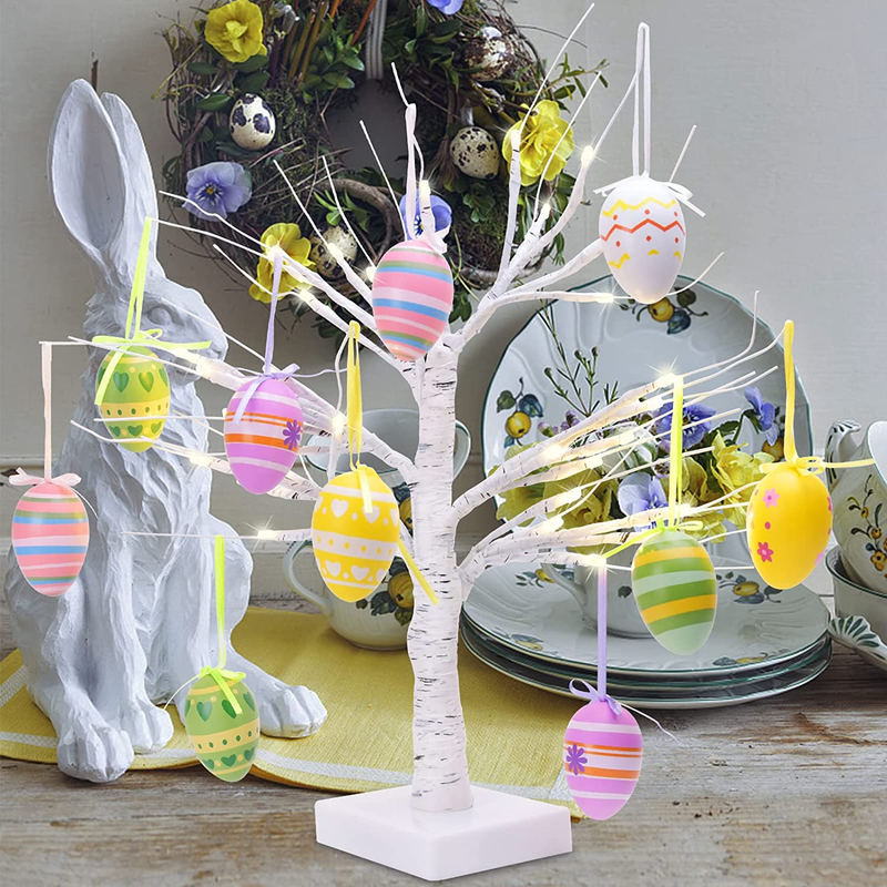 Easter Decorations for the Home 18 Inch 36 LED Lights White Birch Tree with 10 Easter Egg Ornaments, Battery Operated Table Centerpiece for Easter Decor Clearance, Spring Wedding Festival Decorations