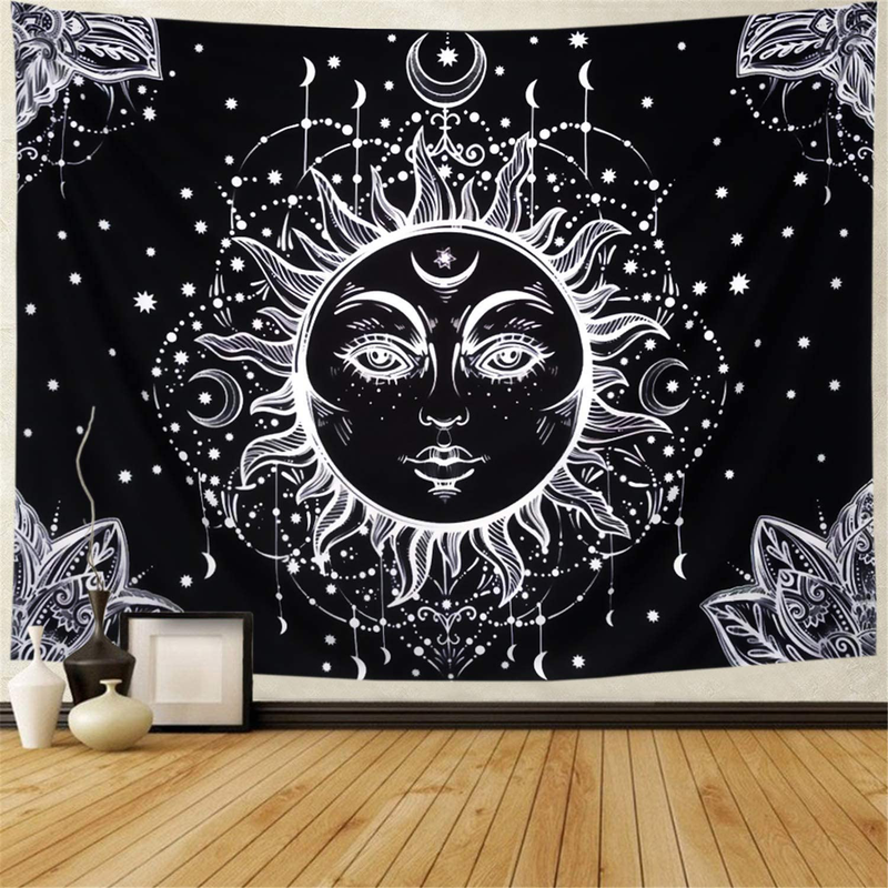 Racunbula Sun and Moon Tapestry Burning Sun with Star Tapestry Psychedelic Black and White Mystic Wall Tapestry for Bedroom Home & Garden > Decor > Artwork > Decorative Tapestries Racunbula   