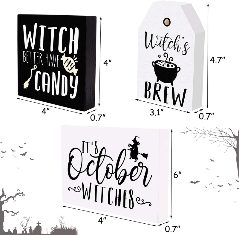 Huray Rayho Halloween Witches Tiered Tray Decorations Rustic Halloween Poison Candy Bar Signs Vintage Black and White Rae Dunn Decor Farmhouse Autumn Fall Supplies Set of 4