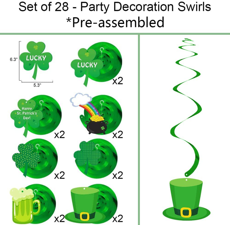 DAZONGE 36Ct St. Patrick'S Day Decorations Pre-Assembled | 14 St. Patrick'S Swirls with Cutouts, 1 'LUCKY' Banner, 1 Felt Shamrock Banner, 4 Strings of Shamrocks, 2 Paper Fans | St. Patty'S Day Party Favors Set Arts & Entertainment > Party & Celebration > Party Supplies Dazonge   