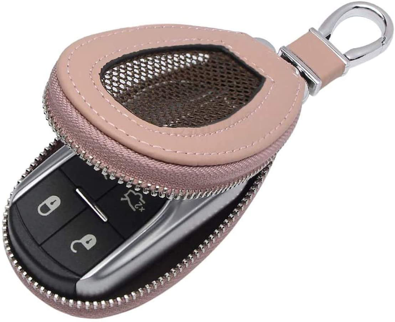 VSLIH Genuine Leather Key Case Car Smart Key Cover Keychain Holder Metal Hook and Keyring Zipper mesh Wallet Auto Remote Key Fob  VSLIH Pink  