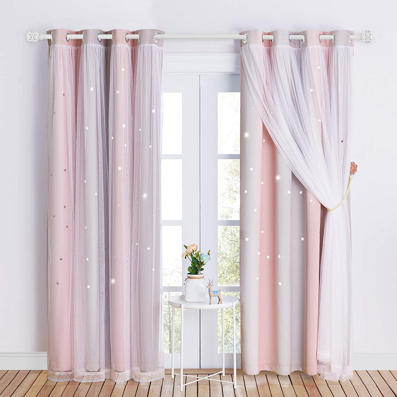 NICETOWN Kids Room Decor for Girls, White Gauze & Blackout Drapes Assembled, Mix & Match Star Cut Curtain Panels with Versatile Styling Options (Teal & Purple, Each is W52 x L84, Sold by 2 PCs) Home & Garden > Decor > Seasonal & Holiday Decorations NICETOWN Pink & Grey W52 x L95 