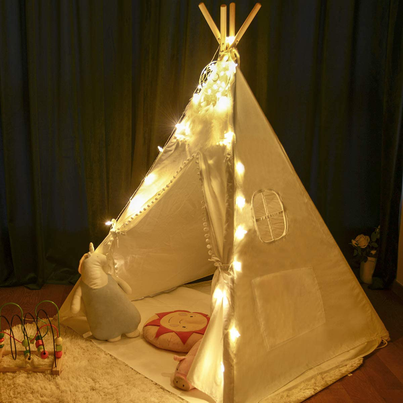 Joynote Teepee Tent for Kids Indoor Tents with Mat, Inner Pocket, Unique Reinforcement Part - Foldable Play Tent Canvas Tipi Childrens Tents for Girls & Boys (White)