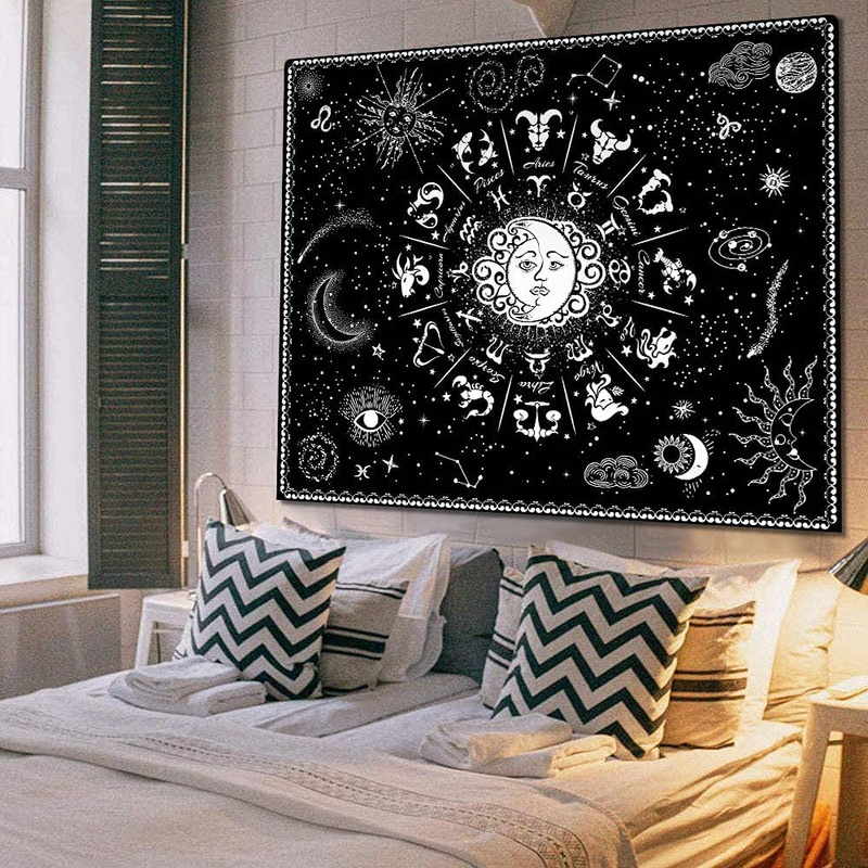Funeon Sun and Moon Zodiac Tapestry Wall Hanging Black and White Constellation Tapestry Astrology for Bedroom Witchy Tapestries Indie Room Decor Teen Girl Small Dorm College Tapestry 51x60inch Home & Garden > Decor > Artwork > Decorative Tapestries Funeon   