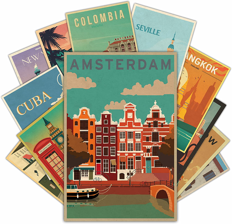 HK Studio Vintage Travel Posters for Dorm, Teen Bedroom - Self Adhesive, Easy Peel and Stick - Retro Landscape Wall Art - Popular City Posters for Wall Collage Kit 7.8"X11.8", Pack 12 Home & Garden > Decor > Artwork > Posters, Prints, & Visual Artwork HK Studio   