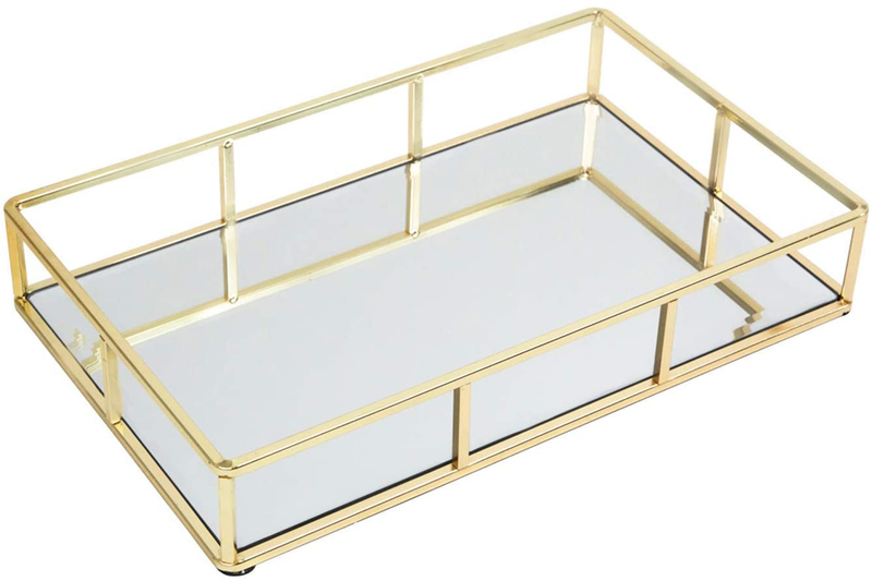 Houseables Mirrored Tray, Decorative Countertop Organizer, Gold, 16" x 9", Ornate Vanity Décor, Bathroom Accessories, Perfume Plate, Jewelry Box, Makeup Holder, Coffee Table Catchall, Brass