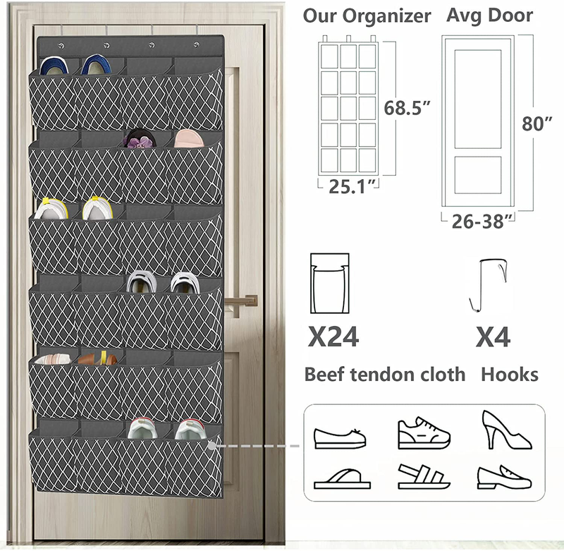 Over the Door Shoe Rack Organizer - Hanging Storage Holder Bag - Back of Door Wall Mounted with 24 Large Pockets & 4 Hooks for Closet,Slippers,Men Sneakers,Womens High Heels,Kids Sports Shoes (Grey) Furniture > Cabinets & Storage > Armoires & Wardrobes VERONLY   