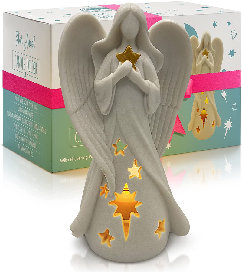 OakiWay Memorial Gifts - Star Angel Figurines Tealight Candle Holder, Sympathy Gifts for Loss of Loved One, W/ Flickering Led Candle, Bereavement, Grief, Funeral, Remembrance, Memory Home Decorations