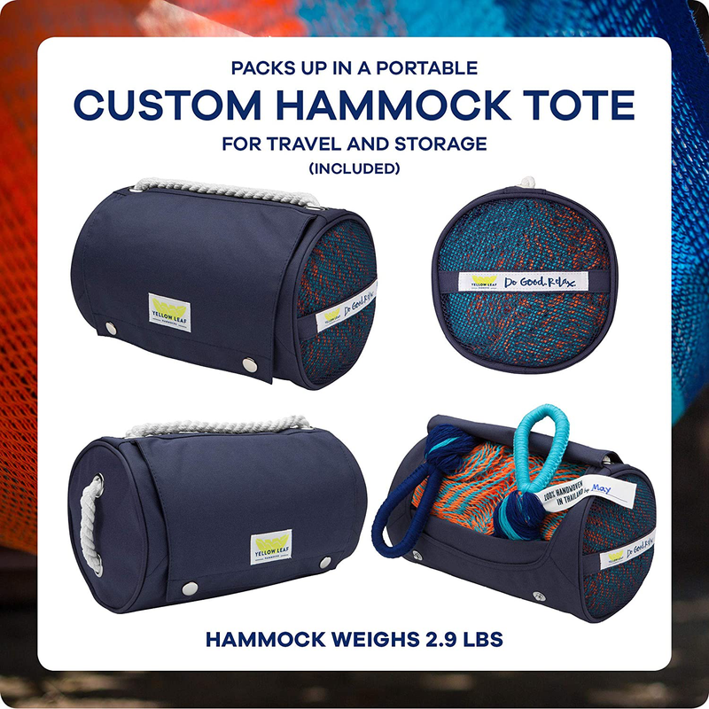 Handwoven Cotton Rope Hammock, Shareable, Yellow Leaf Hammocks - “Montauk” Hammock, Navy Blue, Off-White Cotton, Fits 1-2 People (400 lbs)