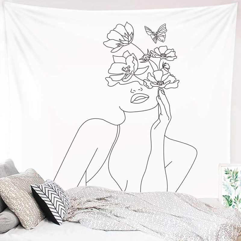 Miytal Art Line Aesthetic Tapestry, Simple Women with Flower Butterfly Wall Hanging, Modern Minimalist Abstract Creative Sketch Wall Décor for Dorm Bedroom Office – 51.2" x 59.1” Home & Garden > Decor > Artwork > Decorative Tapestries Miytal Medium (51.2" x 59.1")  