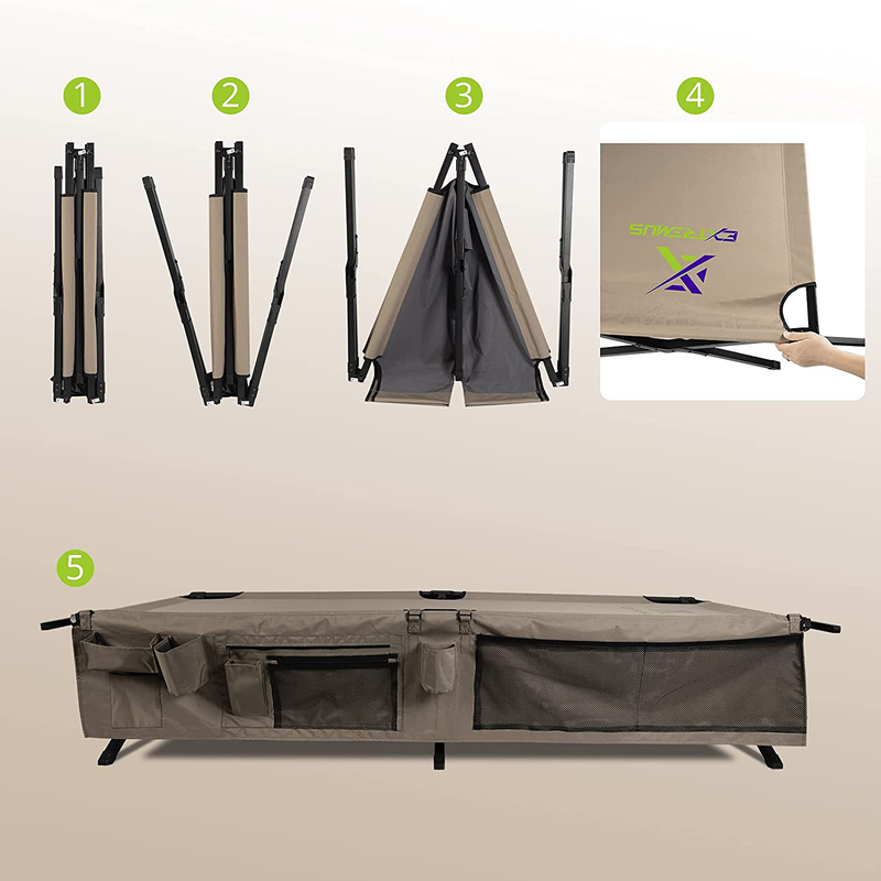 Extremus New Komfort Camp Cot, Folding Camping Cot, Guest Bed, 300 Lbs Capacity, Steel Frame, Strong 300D Polyester Surface, Includes Side Storage Organizer, Carry Bag, 75” Long X 35” Wide X 17” Tall