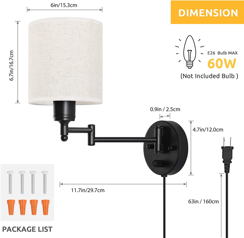 HAITRAL Swing Arm Wall Lamps 2 Pack - Plug in Wall Lamps with Linen Shade& Black Metal, Plug In& Hardwire Modern Wall Lamps for Bedside, Farmhouse, Kitchen, Bedroom(Bulb Is Not Included)