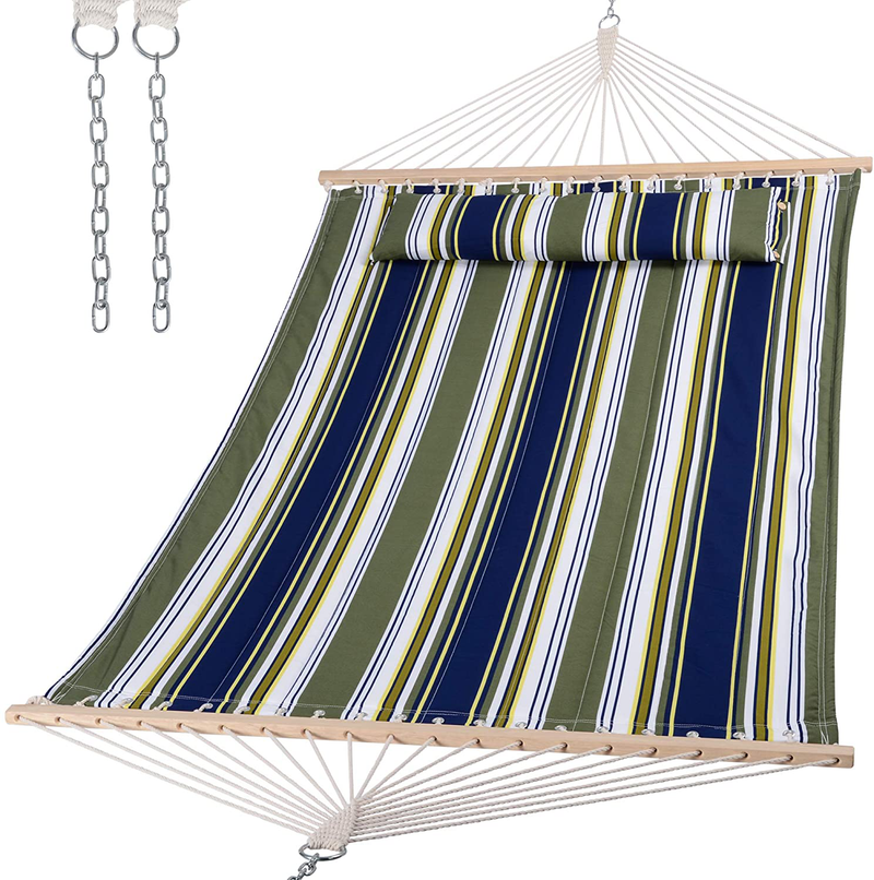 SUNCREAT Double Hammock Quilted Fabric Swing with Spreader Bar, Detachable Pillow, 55” x79” Large Hammock, Red Stripes Home & Garden > Lawn & Garden > Outdoor Living > Hammocks SUNCREAT Blue&aqua  
