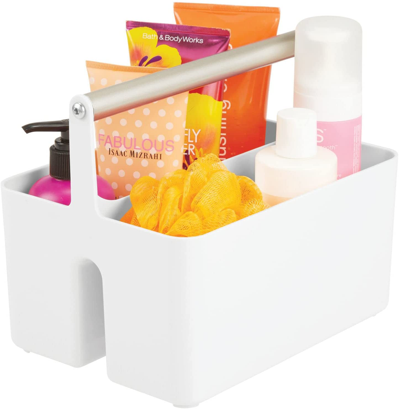 Mdesign Plastic Shower Caddy Storage Organizer Utility Tote, Divided Basket Bin - Metal Handle for Bathroom, Dorm, Kitchen, Holds Hand Soap, Shampoo, Conditioner - Aura Collection - Black/Brushed