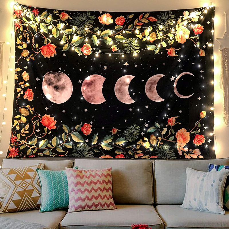 Moon Tapestry Wall hanging, Boho Tapestries Wall Decor, Floral Tapastry with Moonlit Garden Phase Star for Bedroom Black 36''×48'' Home & Garden > Decor > Artwork > Decorative Tapestries AMM   