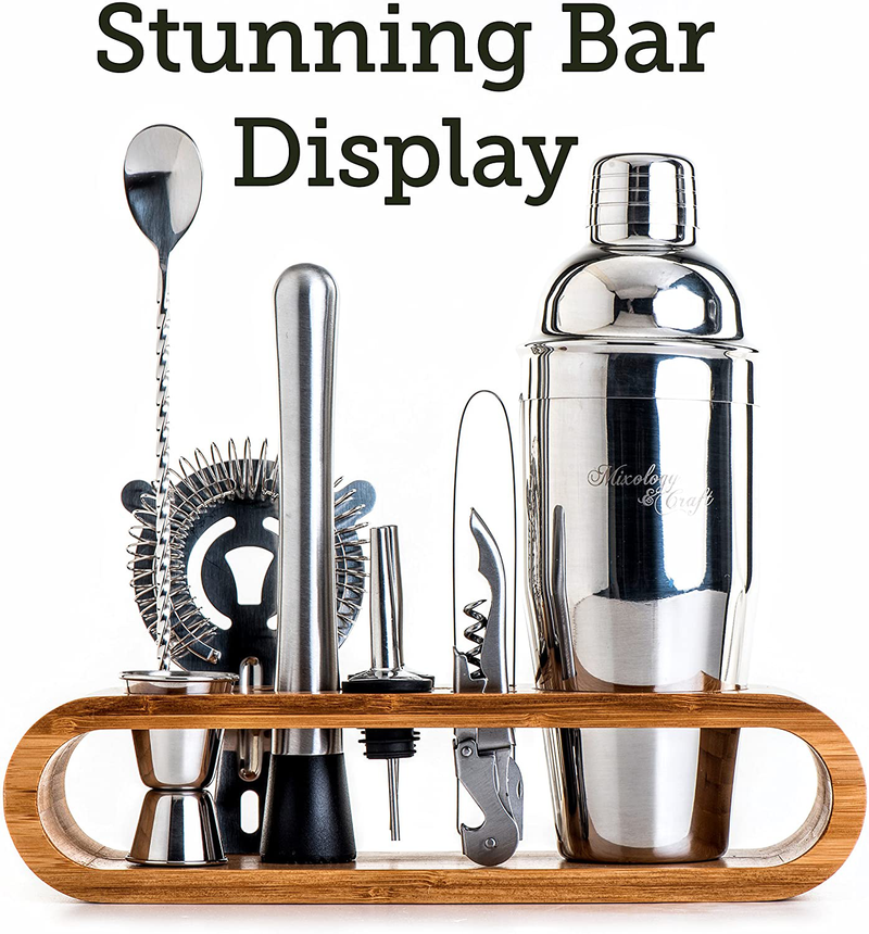 Mixology Bartender Kit: 10-Piece Bar Tool Set with Stylish Bamboo Stand | Perfect Home Bartending Kit and Martini Cocktail Shaker Set For an Awesome Drink Mixing Experience (Silver)