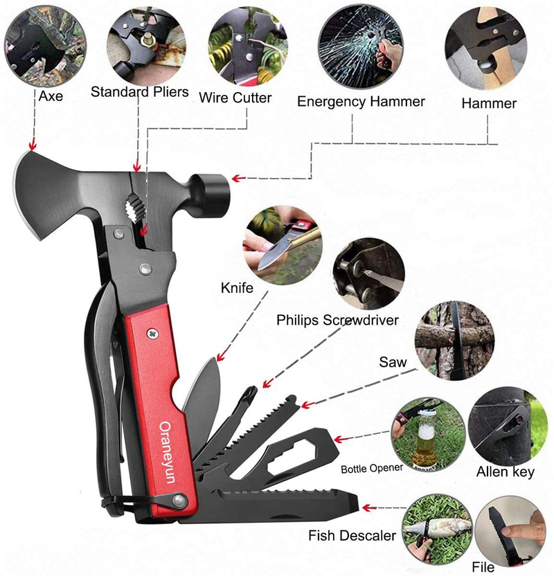 Oraneyun Multitool Camping Accessories, 16 in 1 Survival Gear Tools, Hammer Multitool Outdoor Hunting Hiking, Gifts for Men Dad, Hatchet Multitool with Axe Knife Plier Bottle Opener Saw Screwdriver