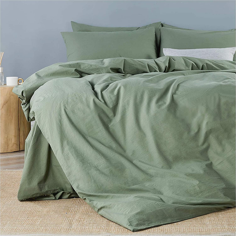 JELLYMONI Green 100% Washed Cotton Duvet Cover Set, 3 Pieces Luxury Soft Bedding Set with Zipper Closure. Solid Color Pattern Duvet Cover Queen Size(No Comforter)
