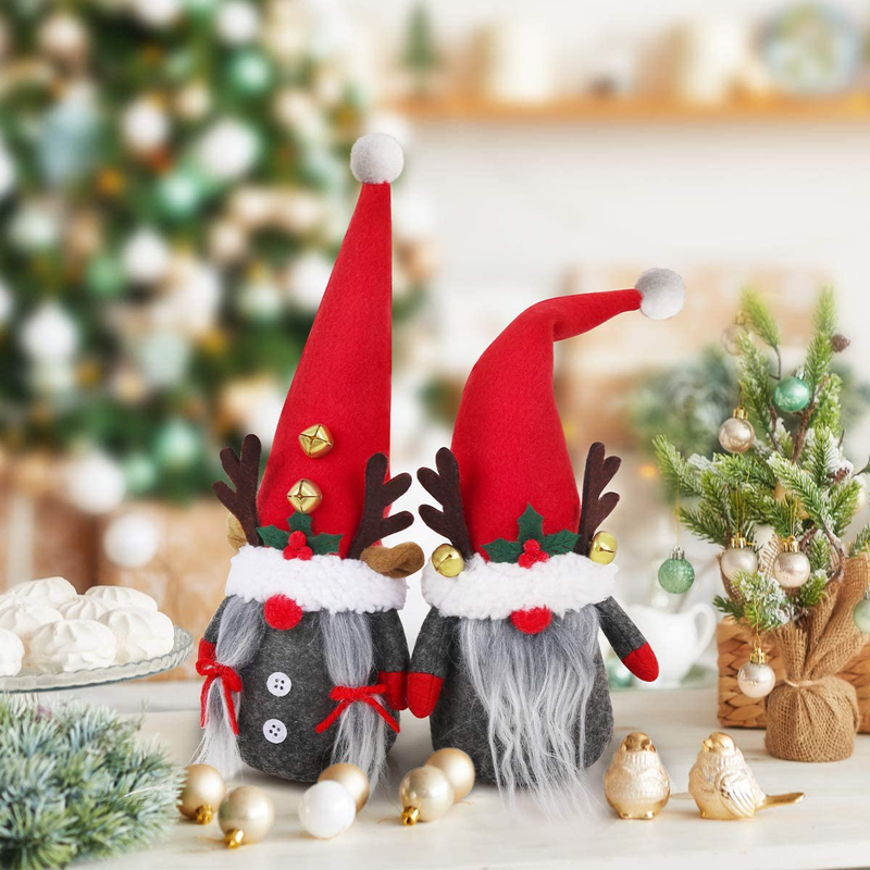 D-FantiX 2Pack Reindeer Christmas Gnomes Plush with Bell, Handmade Swedish Tomte Santa Scandinavian Figurine Nordic Plush Elf Doll Gnome Ornaments Christmas Gnomes Decorations Home Decor Gifts