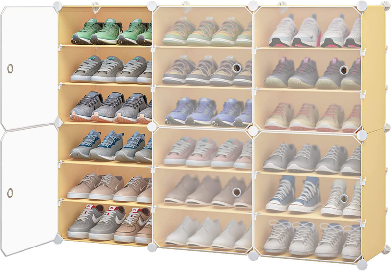 MAGINELS 72-Pairs Shoe Rack DIY Shoe Storage Shelf Organizer, Plastic Shoe Organizer for Entryway, Shoe Cabinet with Doors, Honey Color，Clear Door Furniture > Cabinets & Storage > Armoires & Wardrobes MAGINELS Honey 36 Pairs 