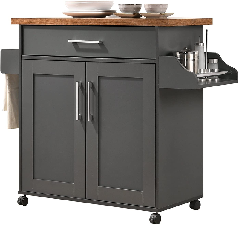 Hodedah Kitchen Island with Spice Rack, Towel Rack & Drawer, Grey with Oak Top
