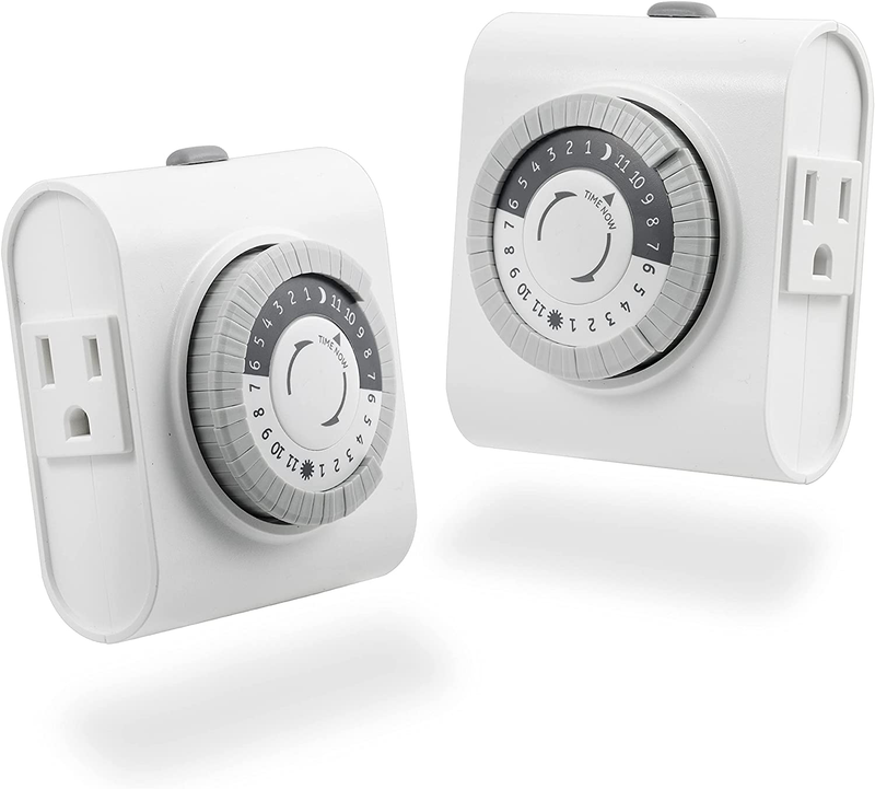 GE 24-Hour Heavy Duty Indoor Plug-in Mechanical Timer 2 Pack, 30 Minute Intervals, Daily On/Off Cycle, for Lamps, Seasonal Lighting, Holiday Decorations, 46211, Grounded 2-Outlet | Gray/White, 2 Count