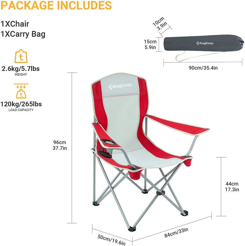 Kingcamp Folding Camping Chairs Portable Beach Chair Light Weight Camp Chairs with Cup Holder & Front Pocket for Outdoor (Red/Grey)